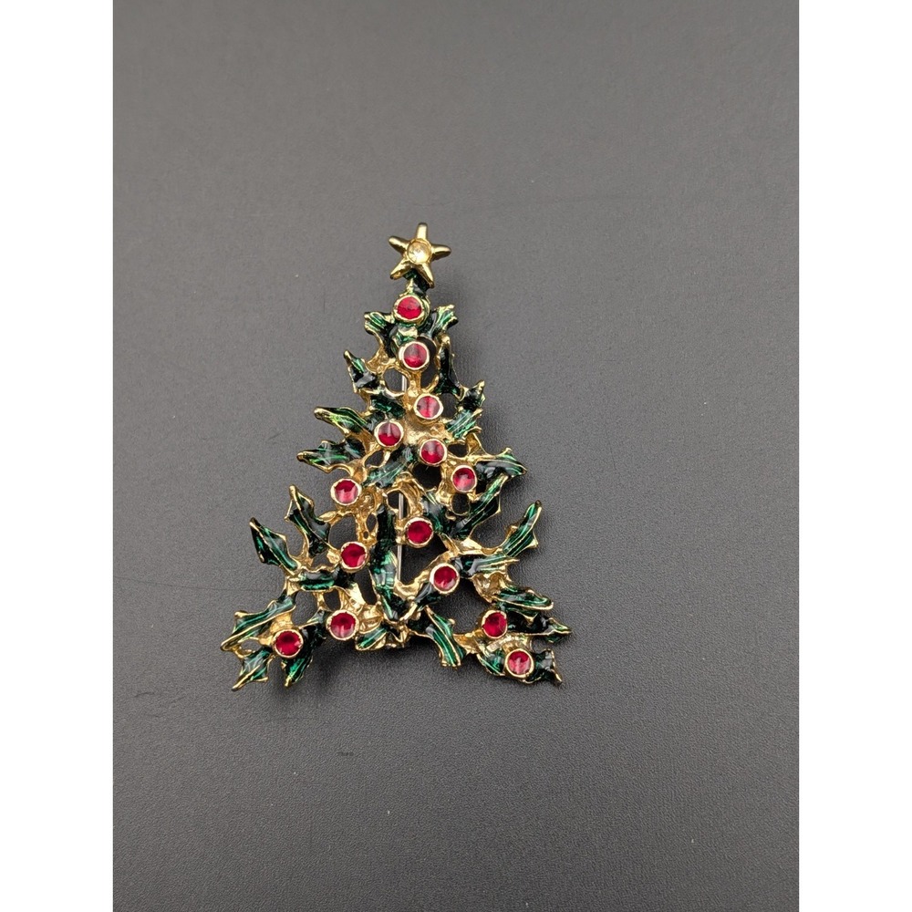 Vintage Enamel Christmas  Tree Brooch Pin  Gold Tone Red Green Holiday Jewelry